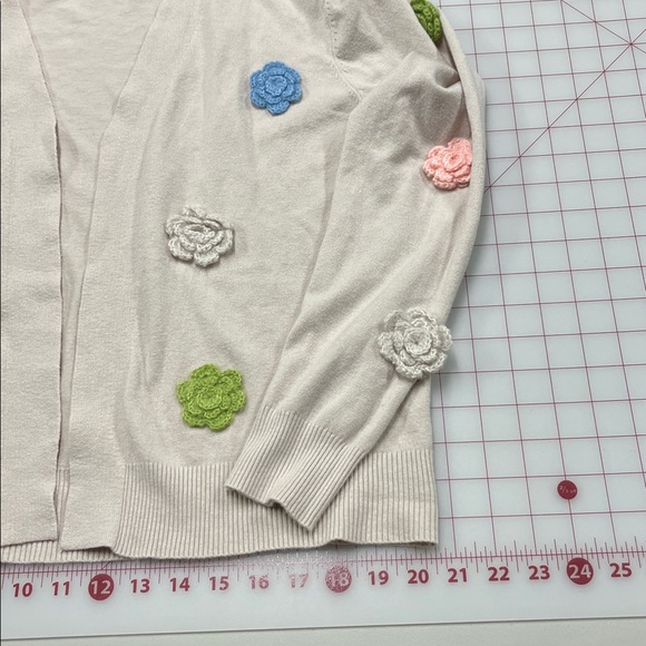 AAEDA Cottage Multi Color Crochet Flower Applique Open Front Lt Beige Cardigan L - Picture 14 of 16